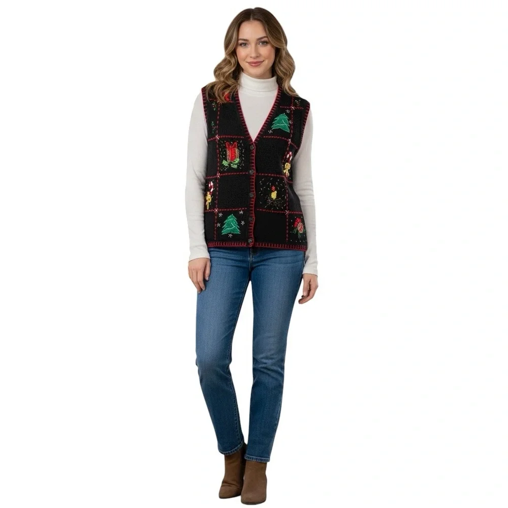 Ship'n Shore Medium Christmas Vest Ugly Sweater Party Black